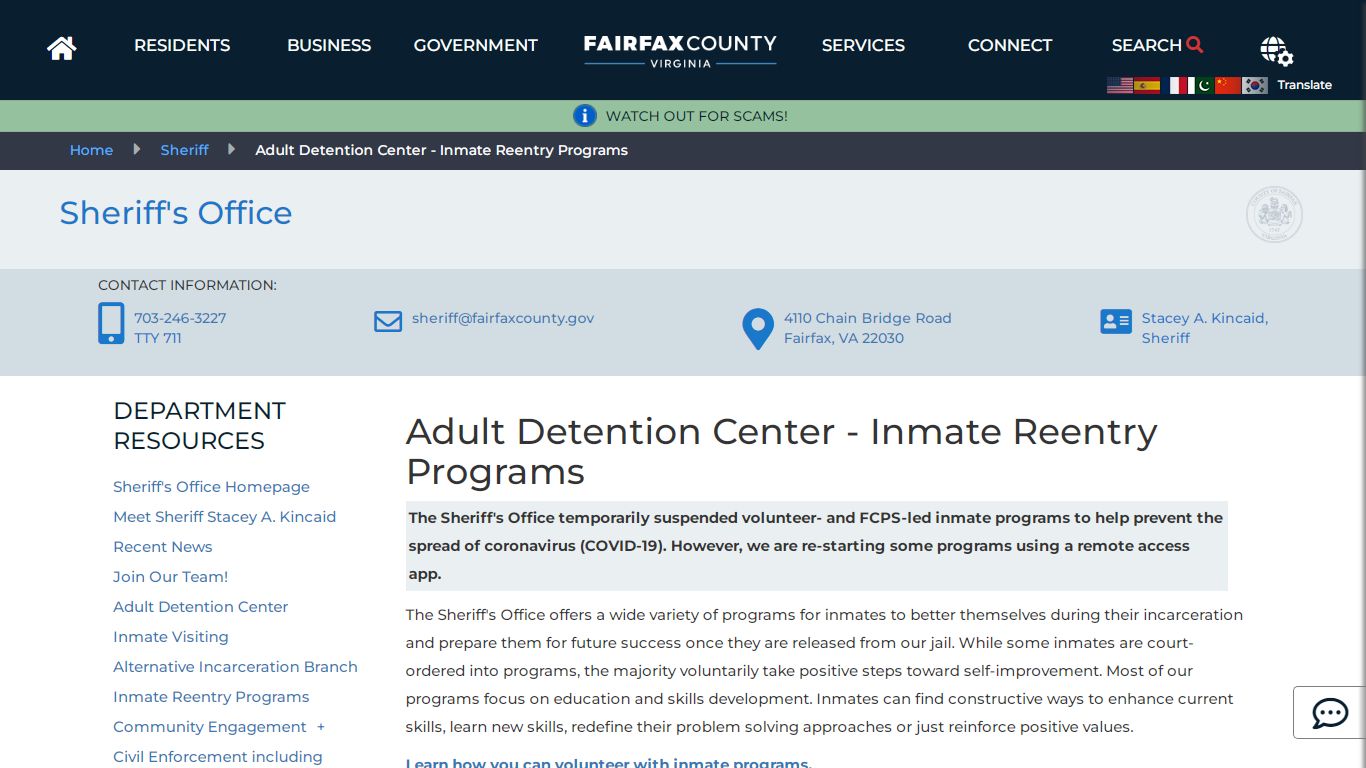 Adult Detention Center - Inmate Reentry Programs | Sheriff